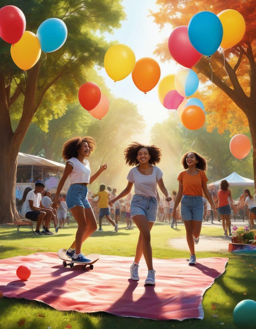 A colorful collage of diverse teens engaged in various fun activities, such as skateboarding, art painting, dancing at a music festival, and enjoying a picnic in a vibrant park setting. The scene should convey joy, inclusivity, and the essence of youth culture, with energetic expressions and dynamic poses. The background features elements like balloons, musical notes, and sunlit trees to enhance the lively atmosphere. Overall, the image should reflect the spirit of unique events that enrich teen lives. vibrant colors. super-realistic. cheerful ambiance.