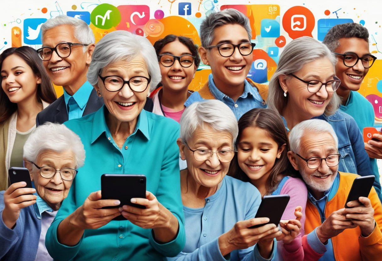 A dynamic collage of diverse young people interacting on various social networks, showcasing a blend of generations: a grandparent using a smartphone, teens capturing moments with a camera, and children playing with tablets. The background features vibrant symbols of social media platforms and digital connections, emphasizing the bridge between age groups. super-realistic. vibrant colors. modern art.