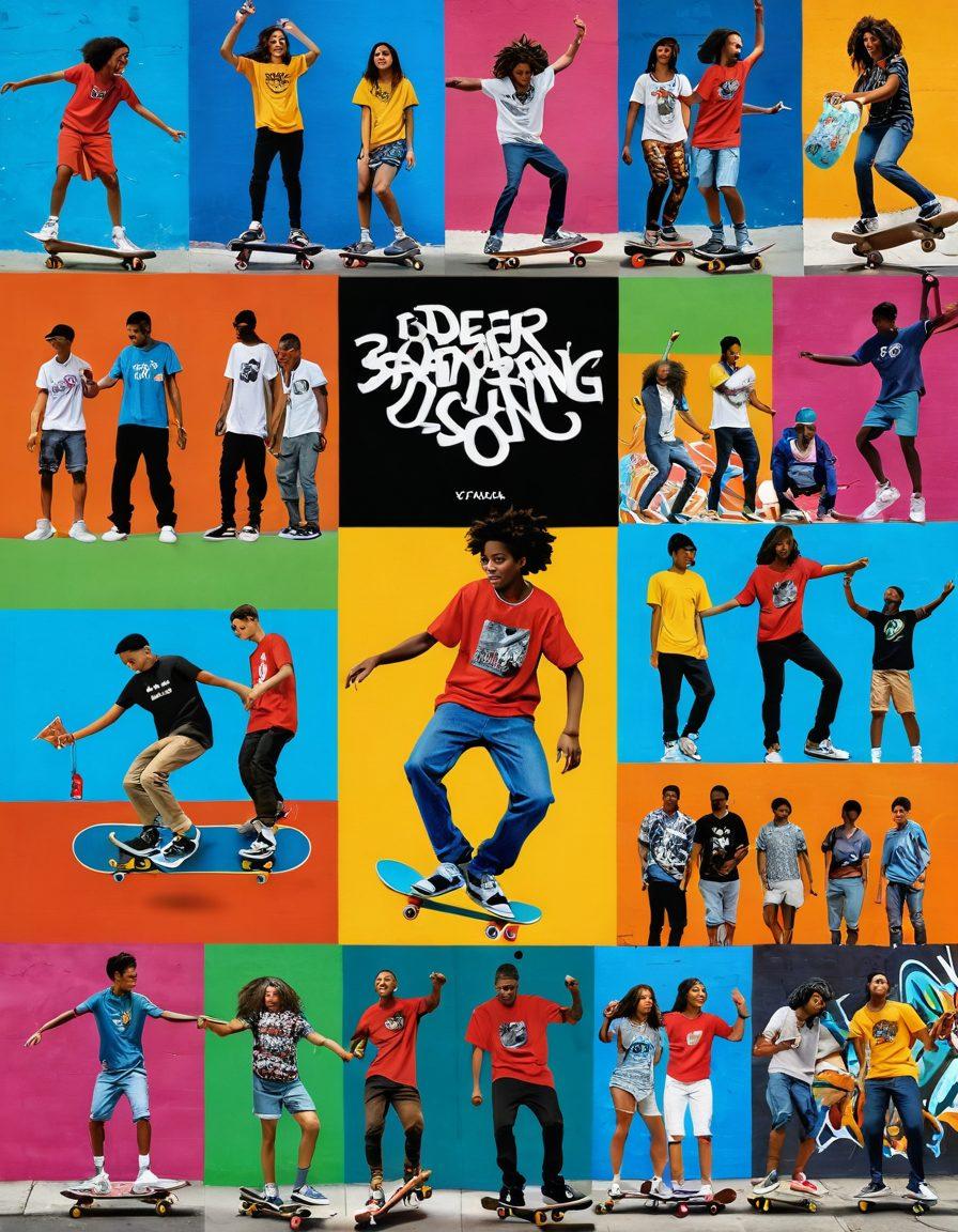 A dynamic collage showcasing diverse teens engaging in various fun activities like skateboarding, painting, dancing, and playing music in a colorful urban setting. Include murals and graffiti in the background, vibrant clothing styles, and expressions of joy and creativity. Capture the energy and spirit of youth culture in a lively atmosphere. vibrant colors. super-realistic. urban art style.